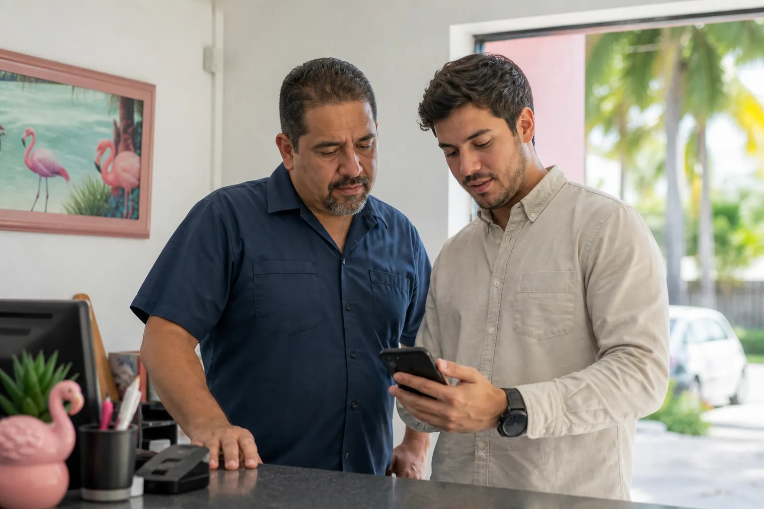 A business owner reviewing a listing on a phone with a directory representative