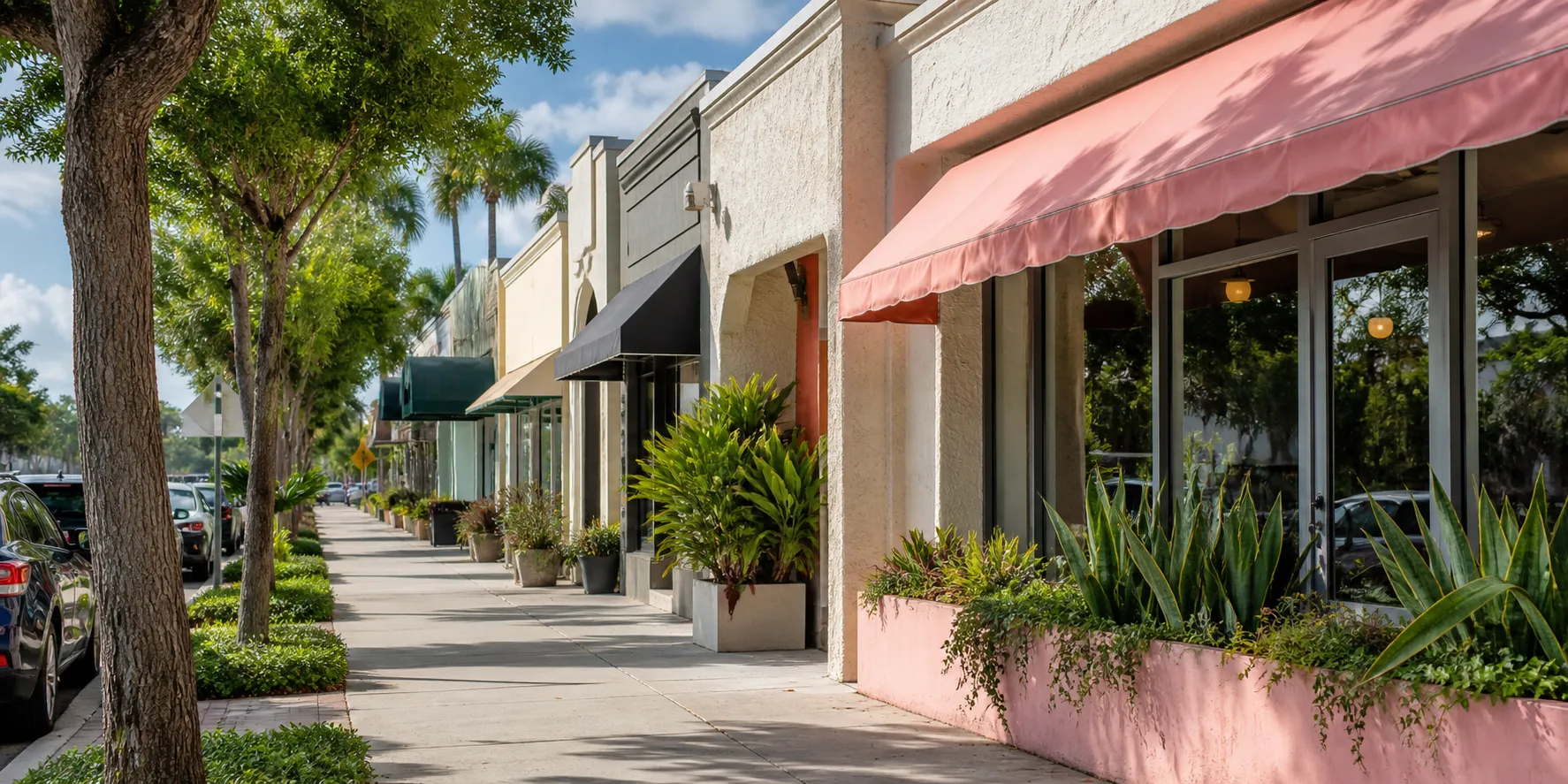 A row of independent storefronts on a tree-lined South Florida street